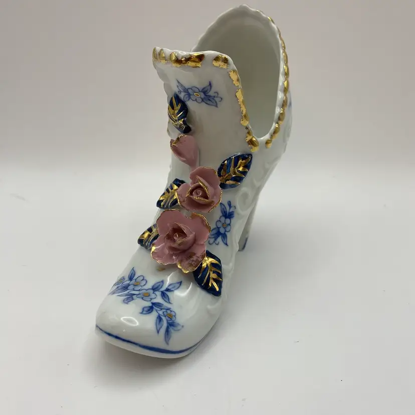 Vintage 1950’s BRINN’S White Porcelain Boot Vase with Pink Flowers and Gold Trim