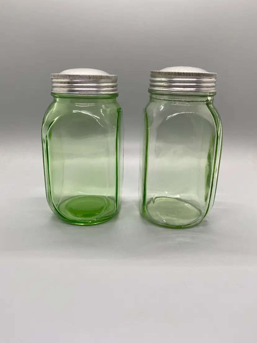 1930's Anchor Hocking Uranium Green Glass Smooth Sides Hoosier Shaker Jars