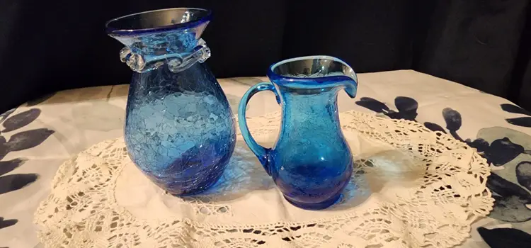 Vintage Blue Crackle Glass Pitcher & Vase
