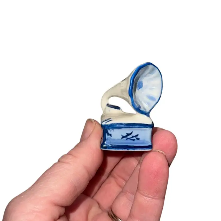 Vintage Small Blue And White Ceramic Phonograph Made In Korea