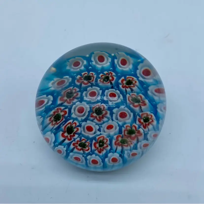 #0036 Vintage glass millefiori paperweight with floral canes.