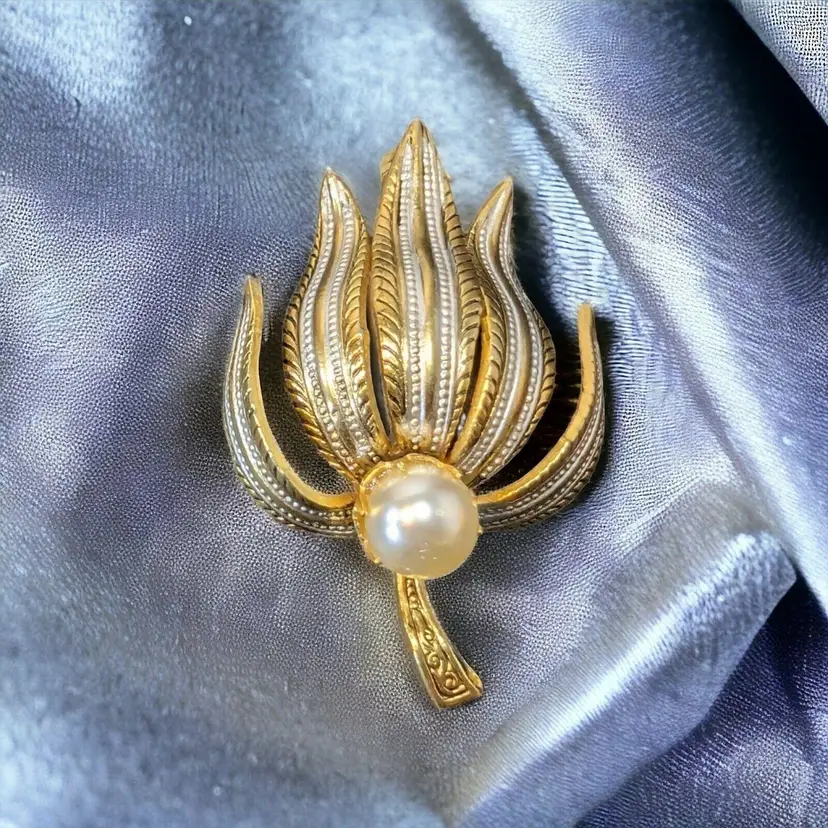 Vintage 1960s Gold and Silver Tone Damascene Spain Floral Pearl Center Brooch