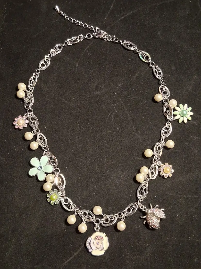 Silver-toned Rhinestones, Faux Pearls & Enamel Ladybug & Floral Charms Necklace