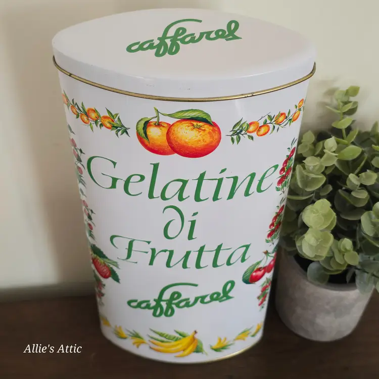Caffarel Gelatine Frutta Metal Vtg Decorative Fruit Cookie Tin Decor Italy 11"