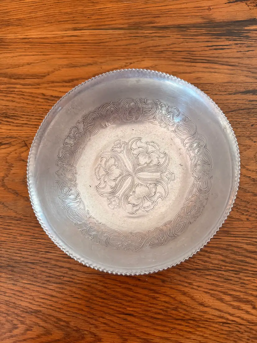 Vintage Embossed Aluminum Floral Bowl | Art Nouveau Style Serving Dish | Cottagecore Vanity Catchall | Mid Century Metal Bowl