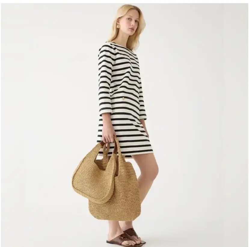 J Crew Mariner Cloth Dress Gold Buttons Bretton Stripe Black White Preppy XS