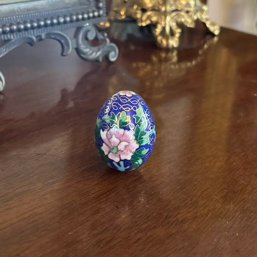 🐇Vintage Cobalt Blue Asian Cloisonne Floral Egg
