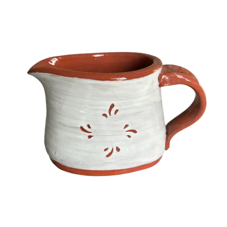 Signed White and Red Clay Colored Ceramic Pitcher