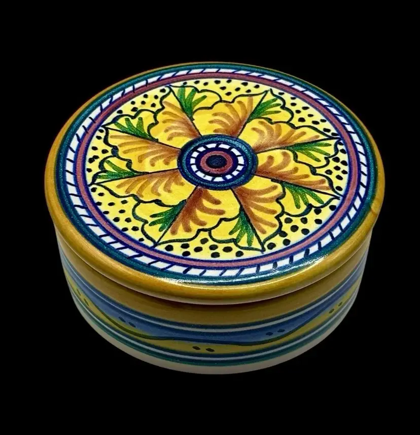Fima-Deruta Italian Pottery Trinket Box Round MINT CONDITION 3.4” Dish & Lid