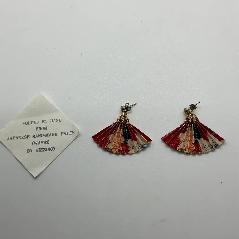 Vtg 95/97 Japanese Origami Hand Made Paper Folding Fans Dangle Earrings Shizuko