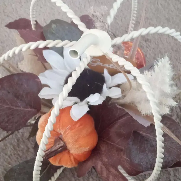 #05 WIRED SHAPE PUMPKIN SHAPED DECOR WITH FAUX PUMPKIN,  LEAVES,   FLOWERS  USE FOR THANKSGIVING OR HALLOWEEN