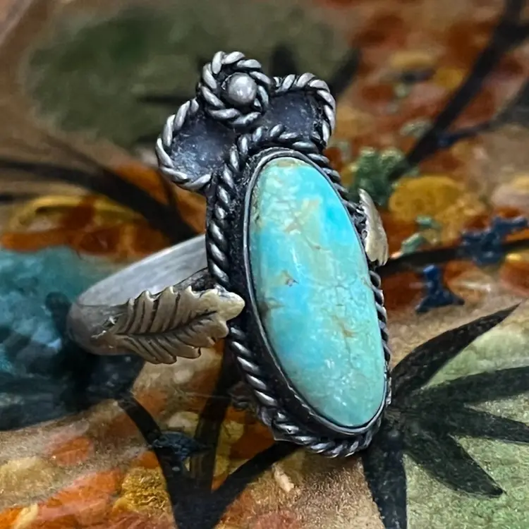 Vintage Sterling Silver Rope Feather Leaf Southwestern Oval Turquoise Ring Sz 7