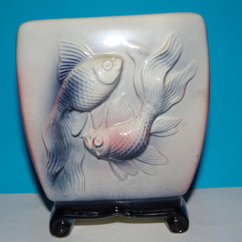 Vintage Royal Copley Footed Raised Koi Fish Vase Planter. Navy Blue, Pink, Black