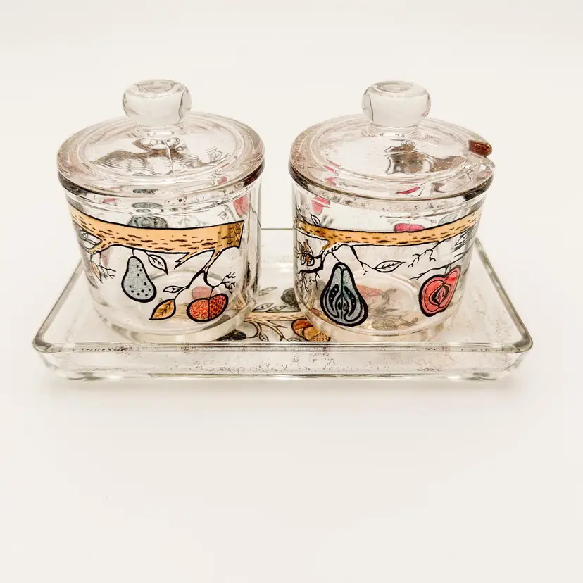 #01 - Vintage Jeannette Glass Co Condiment Jam Jar Set with Tray Glass Fruit Print Gold Accent 1940's B25