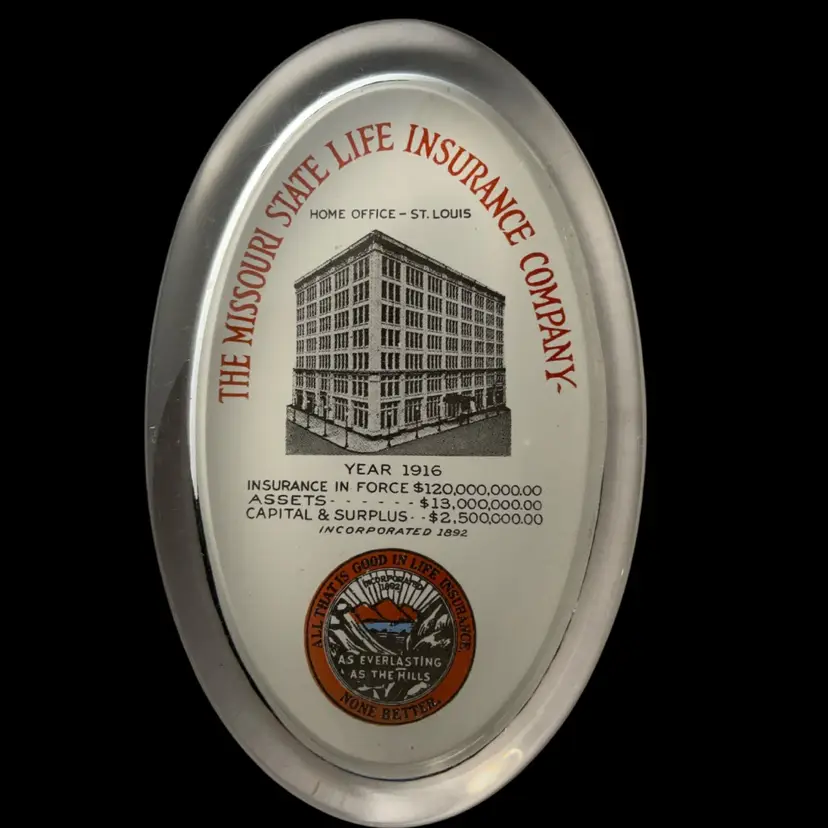 #20 Antique 1916 Missouri State Life Insurance.75” T X 4.25 L