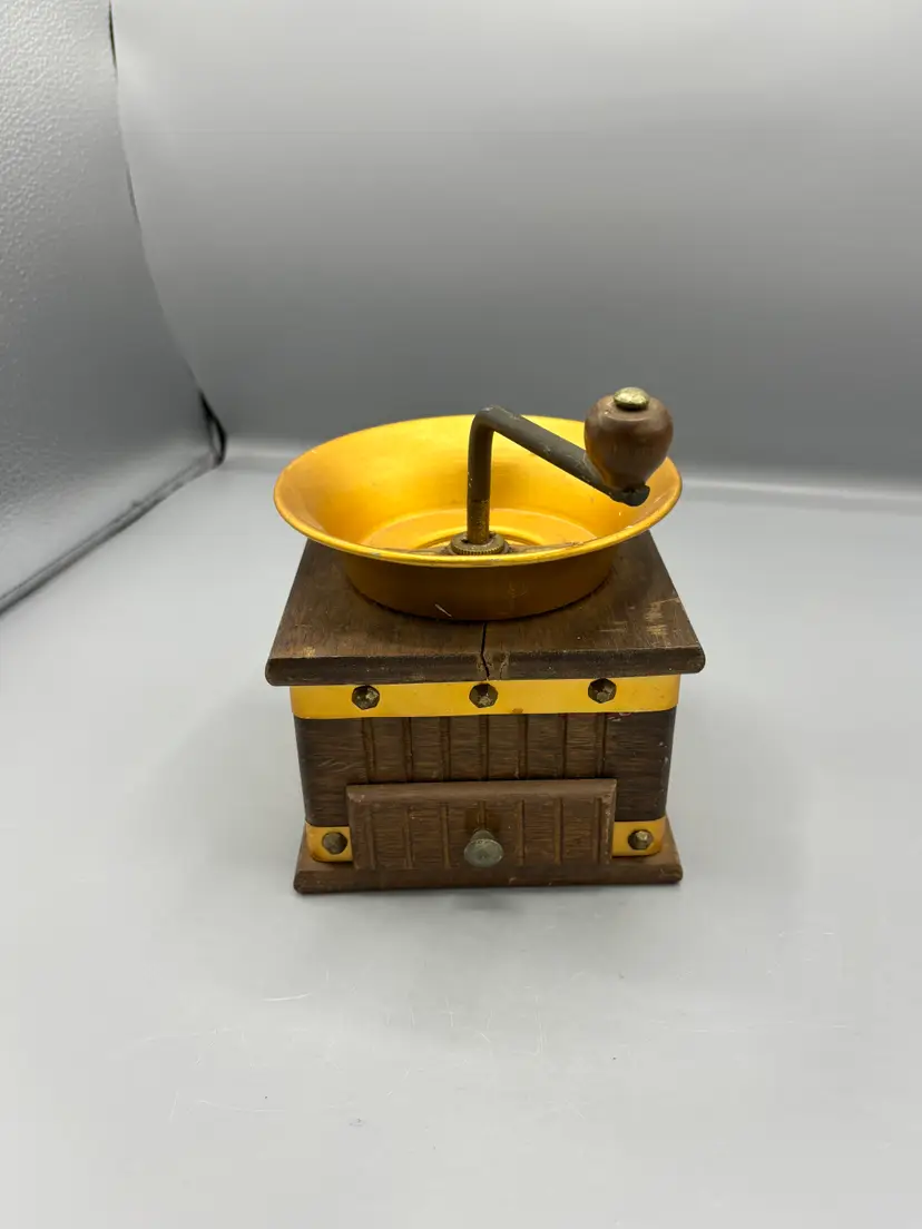 Vintage Manual coffee grinder with wood box base with copper hopper