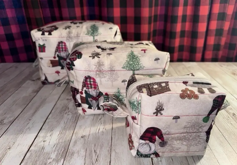 Boxy Makeup Bag Gnome Christmas Lumberjack Theme Set Of 3 Handmade Bags.
