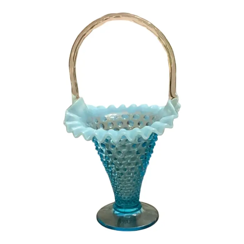 Fenton Blue Opalescent Hobnail Basket With Clear Handle 12 1/2” X 7”