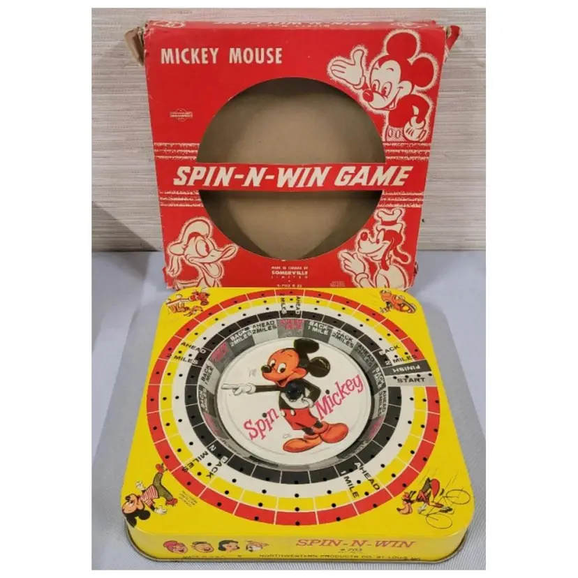 1950’s Mickey Mouse Spin N’ Win Game w/Original Box. Tin Lithographed Toy. Game Pieces Not Included