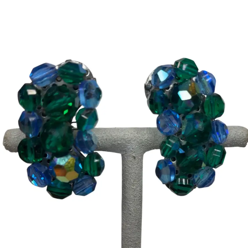 Unsigned Laguna Blue Green An Crystal Brad Earrings