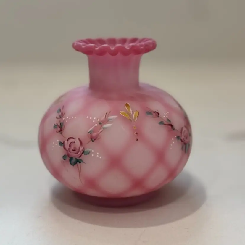 Vtg Fenton Diamond Optic Rose Quilted Perfume Bottle (no Stopper) Or Vase Hand Painted Signed Ltd Ed READ 3.75” Tall
