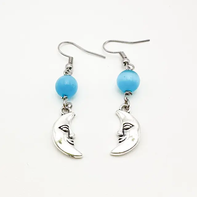 Man in the Moon Celestial Earrings Blue Accent Silver Tone Handmade