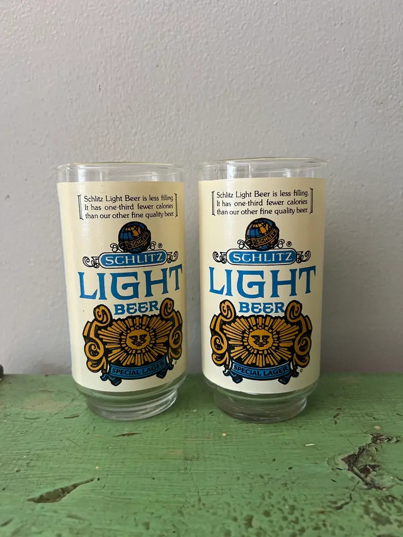 2 Vintage 1970's SCHLITZ Light Beer Special Lager Beer Drinking Glasses Cups. Aztec Sun Goddess Design