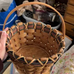Wood Basket Round Green Red Stripes