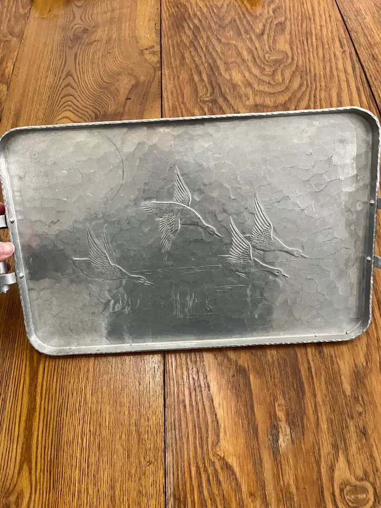 Vintage Arthur Armour aluminum tray with embossed flying geese and hammered finish. 14x9 For tray , From Handle To Handle Is 16 Inches