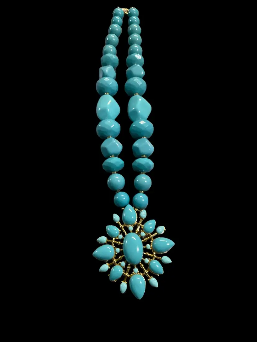 Plastic Turqoise and Gold Tone Necklace and Pendant. Statement Piece Signed Dell