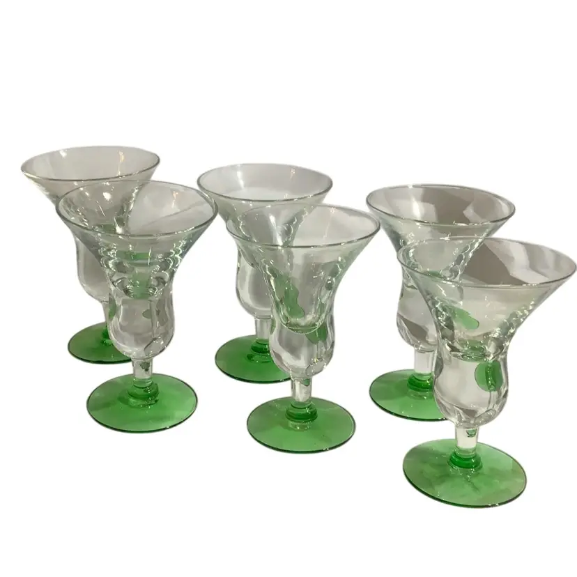 #001120 Set Of. Six 6 Art Glass Tulip Inspired Cordial Whisky Glass Cups With Clear Glass Spherical And Green Base 4.75” Tall 3” Diameter At Rim