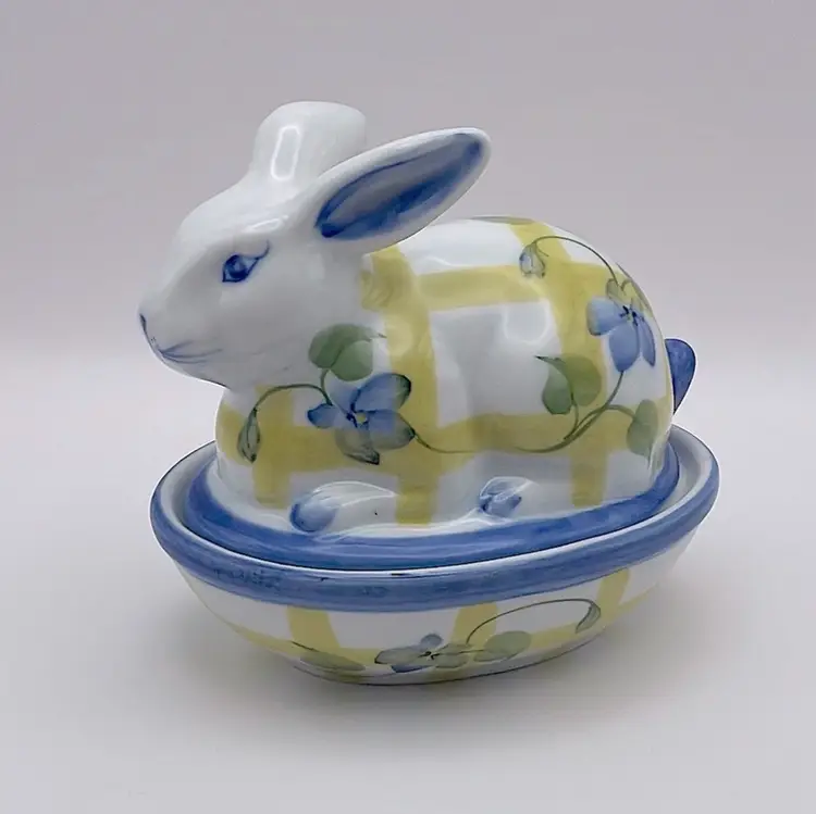 Andrea by Sadek, 2 pc, Ceramic, Rabbit/Bunny, Yellow Plaid/Violets, Trinket Dish