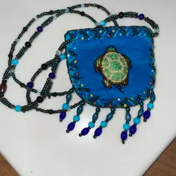 Aqua Velvet Beaded Crossbody Purse Turtle Native Medicine Bag