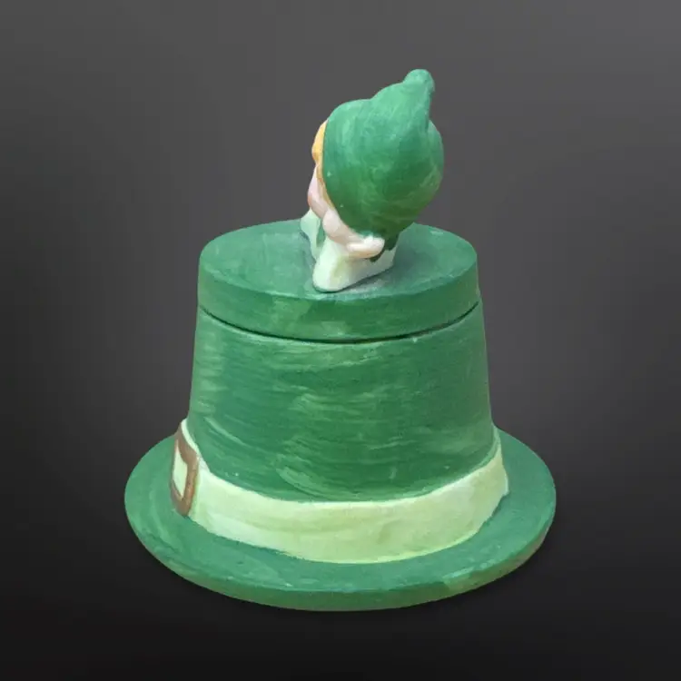 Vintage Lego Matte Ceramic Irish Pixie Elf W/ Ladybug Laying On Green Top Hat Candle