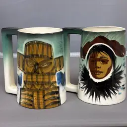 Two Vintage MCM Sascha Brastoff Alaska Hand Painted Mugs, SIGNED