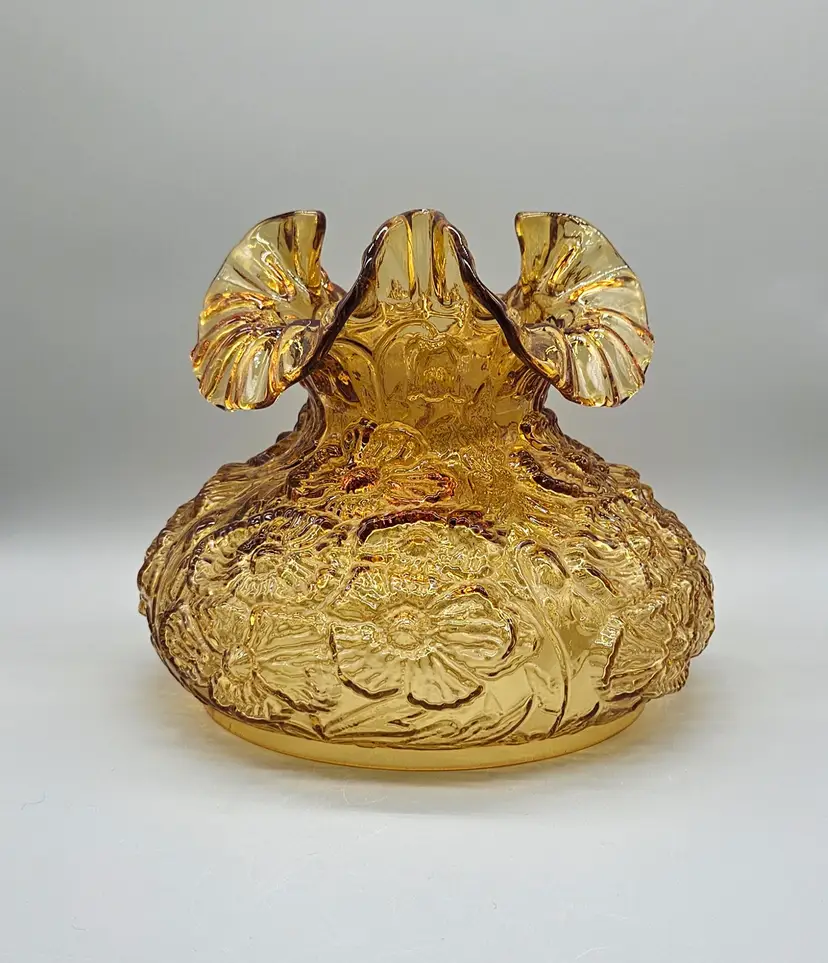 Vintage Fenton Amber Glass Ruffled Top Embossed Poppy Lamp Shade