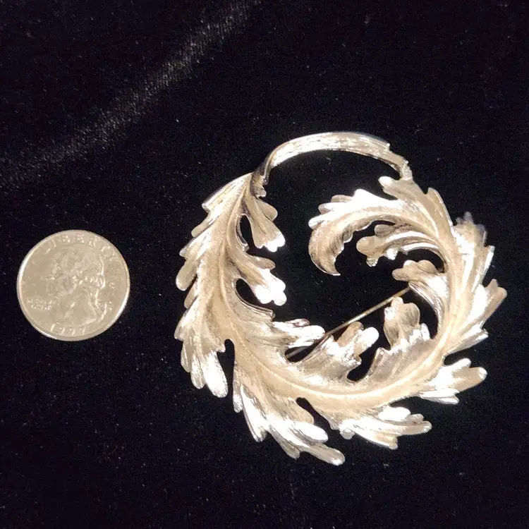 Large 3" Monet Curled Leaf Brooch Round Feather Pin in Silver Tone Marked Vintage Costume Jewelry + Gift Box