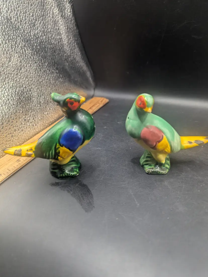 Vintage Pheasant Salt And Pepper Shakers Very Colorful Need Stoppers