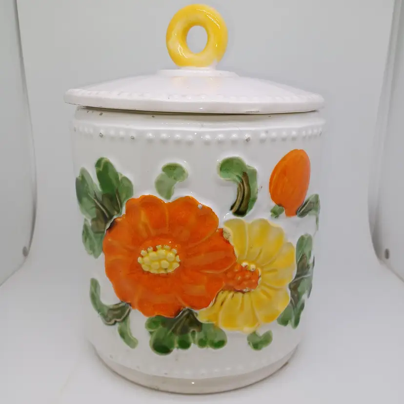 Ceramic Poppy Cookie Jar Canister Stash Jar Made in Japan, White Orange Yellow