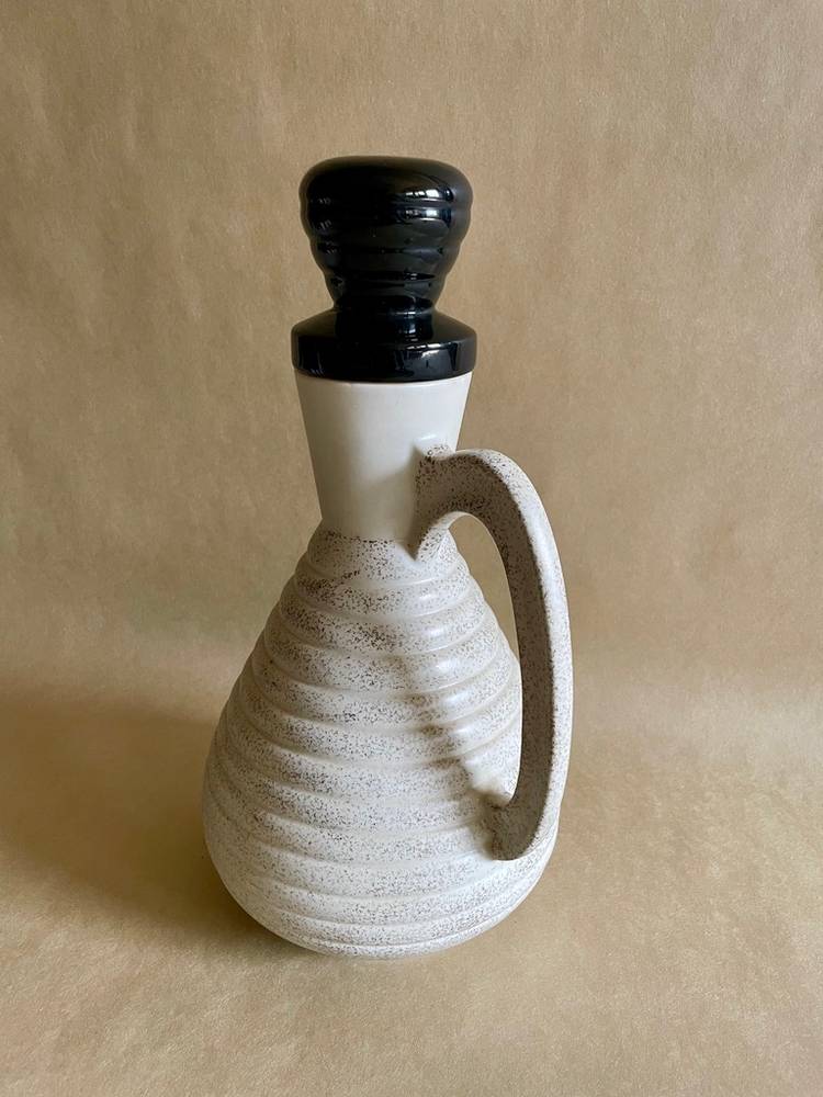 Vintage C Miller Ceramic MCM Kitchen Carafe Pitcher with Lid White Gold Black 1957