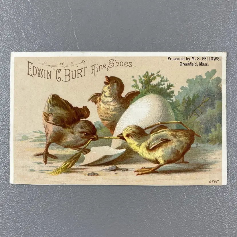 Victorian Trade Card 1881 Calendar Edwin Burt Fine Shoes Chicks Egg Greenfield MA MS Fellows 2.5x4.5"