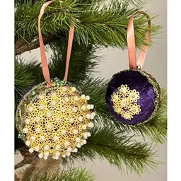 Set of 2 Handmade Vintage Style Push Pin Christmas Ball Ornaments Sequins Ribbon