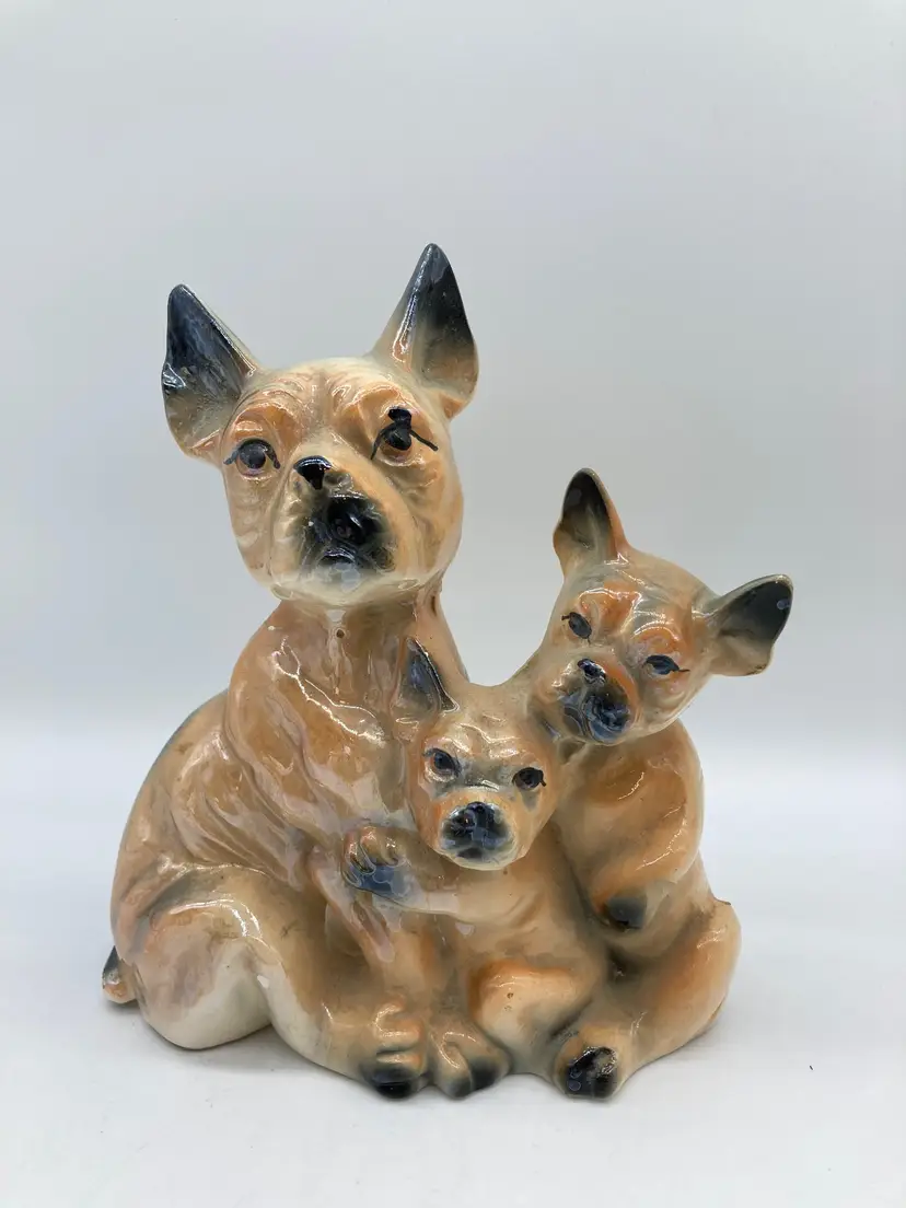 Ceramic Vintage French Bulldog and Pups Figurine