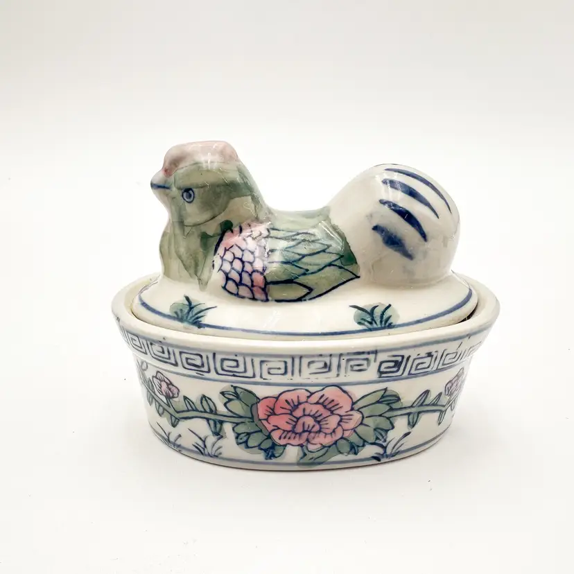 Hen On Nest Asian Ceramic Blue White Pink 4" x 2.5" x 3