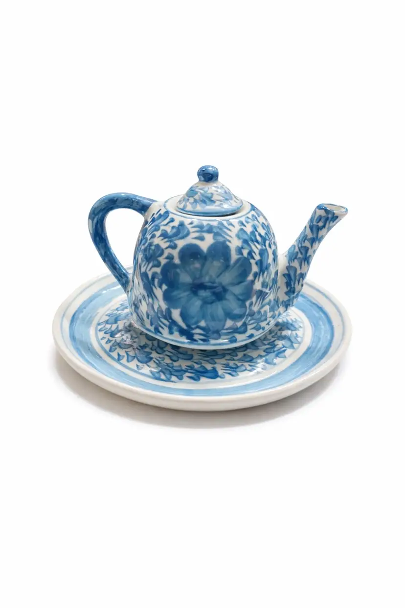 Mini Blue Floral Teapot with Saucer | Cottagecore Fairy Tea Set | Tiny Decorative Teapot