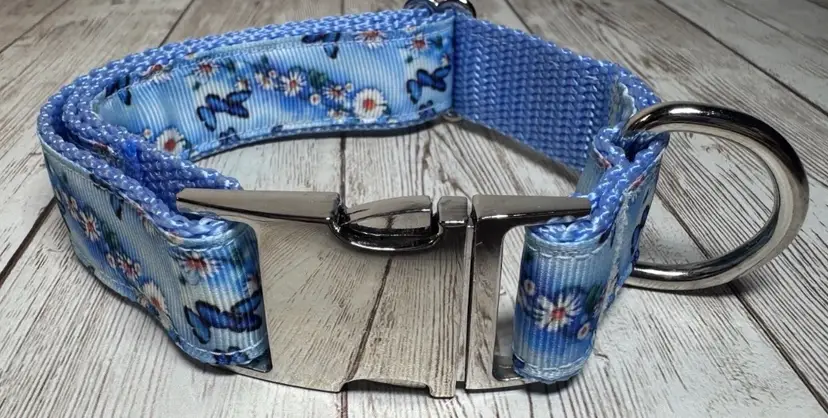 Dog Or Puppy Collar Blue Daisy & Butterfly Print 1” Wide Small Handmade NEW With Metal Buckle