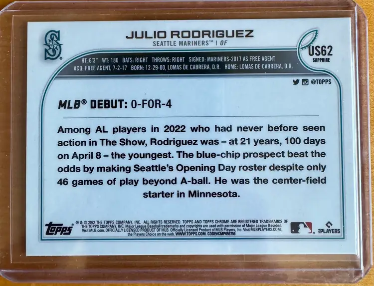 2022 Topps Chrome Update Sapphire Julio Rodriguez Rookie Debut RC #US62 - Seattle Mariners