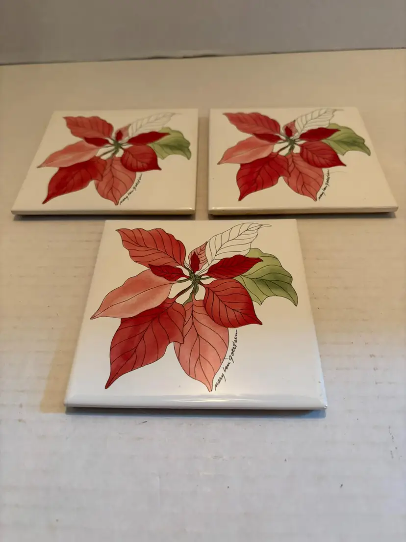Vintage Lot of 3 Mary Lou Goertzen Poinsettia Coasters by L Silva Portugal