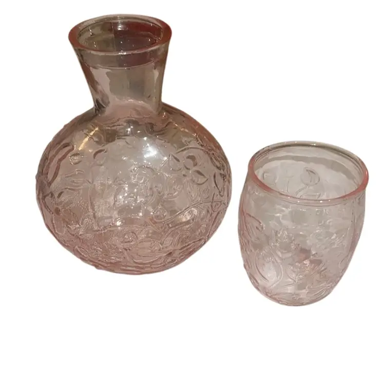 Vintage Pink Glass Floral Tumble Up Bedside Carafe 2 Piece