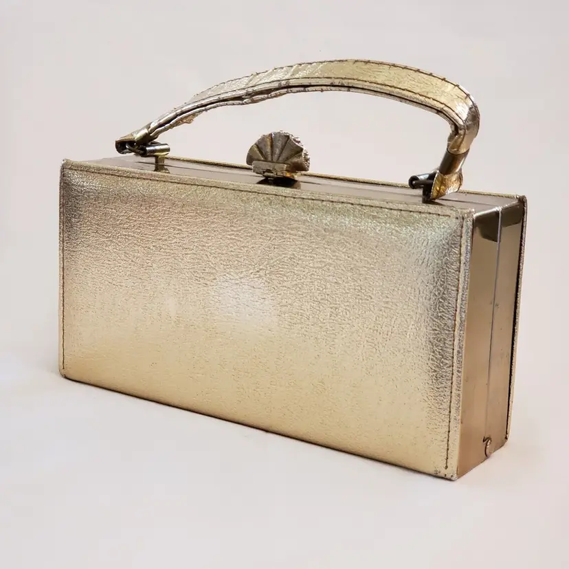 Gold Faux Leather Purse Retro Mid Century MCM 50s unbranded 8" long Vintage